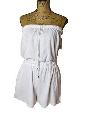 Womens S Strapless Romper White Terrycloth Swimsuit Cover Up Drawstring Cypress